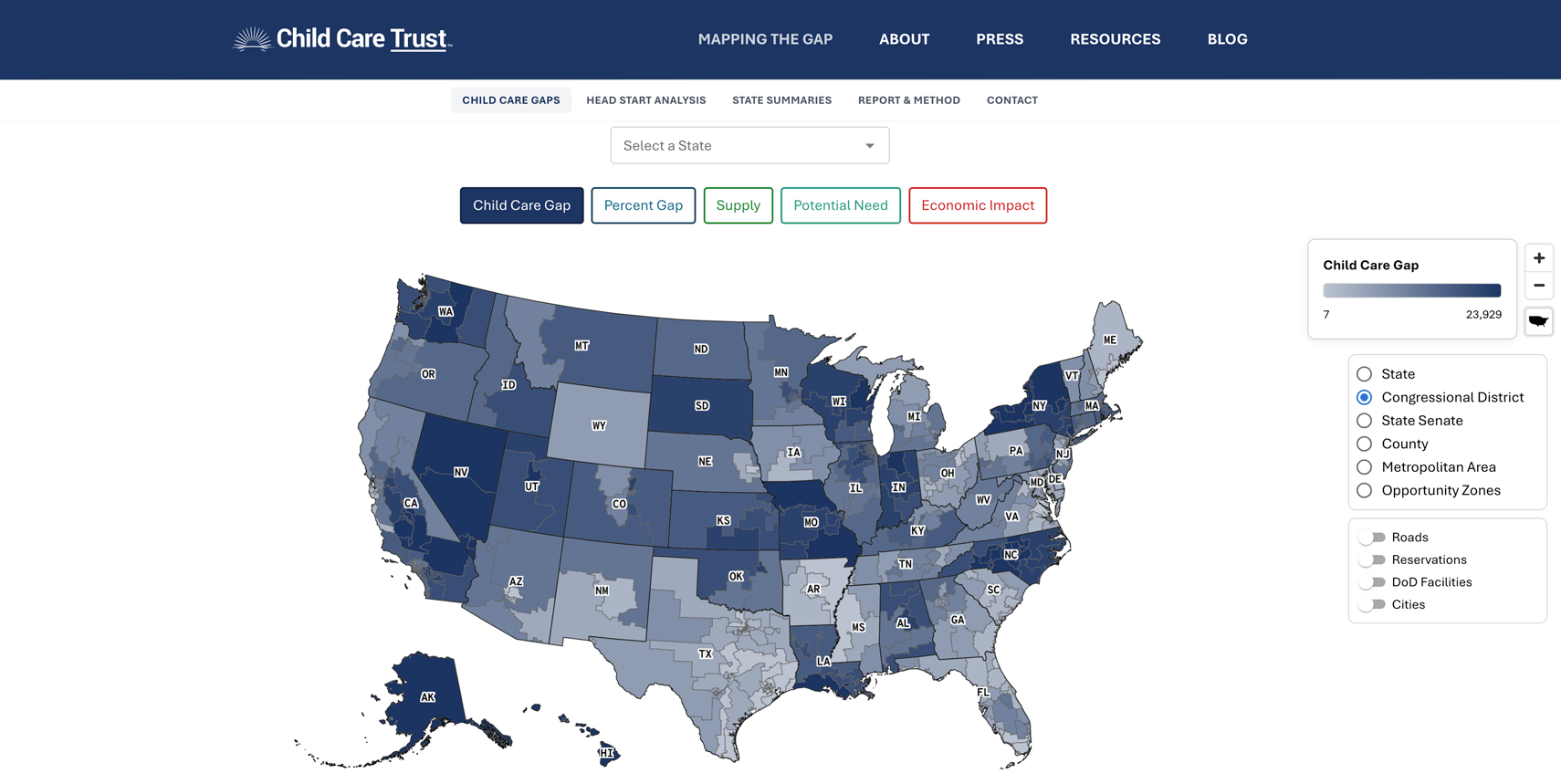 Screenshot of the website for the Child Care Trust's Child Care Gaps Assessment.