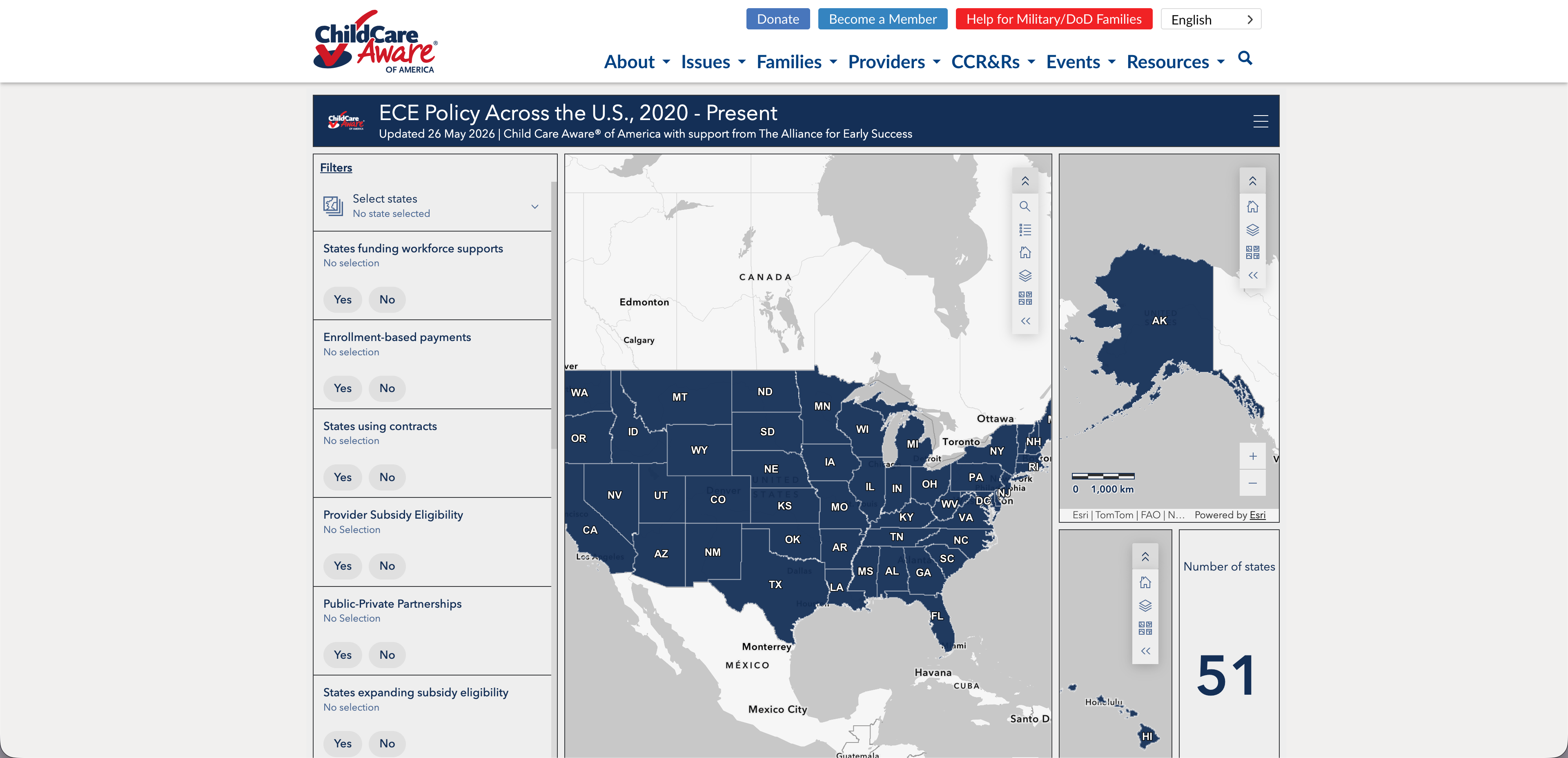 Screenshot of the website for the Child Care Aware of America's State Policy Dashboard.