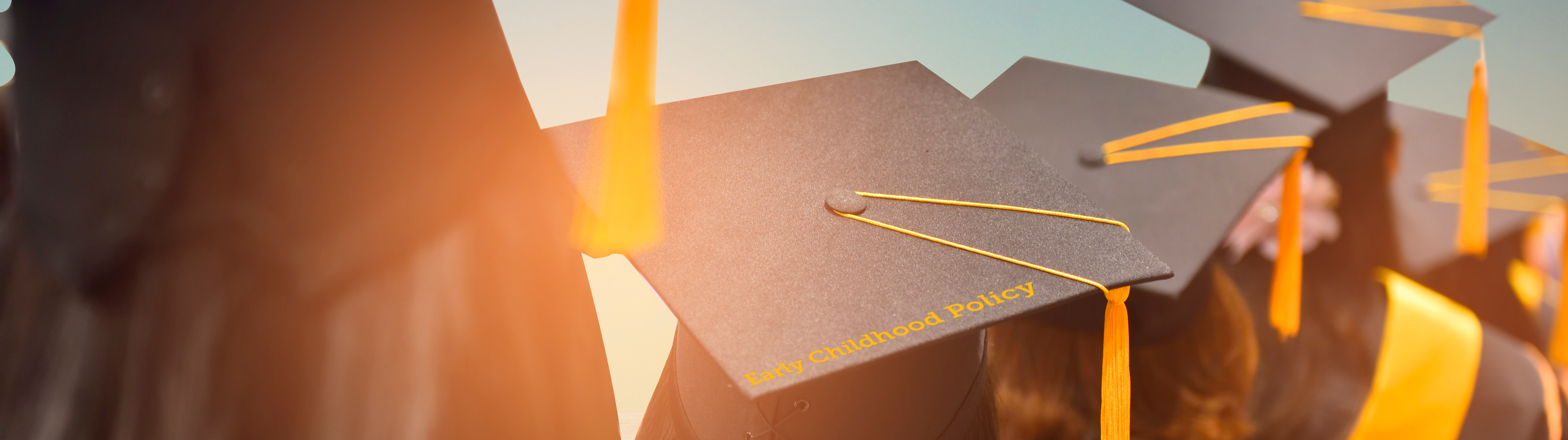 A group of graduates in line facing away from the camera. They are wearing black robes and black motarboards with gold tassels.  The center motarboard has "Early Childhood Policy" written in gold text.